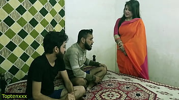 Indian hot xxx threesome sex! Malkin aunty and two young boy hot sex! clear hindi audio