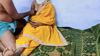 Yellow color sary in sexy Desi wife