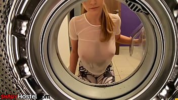 Busty bigboobs yoga babe deepthroats in washing machine